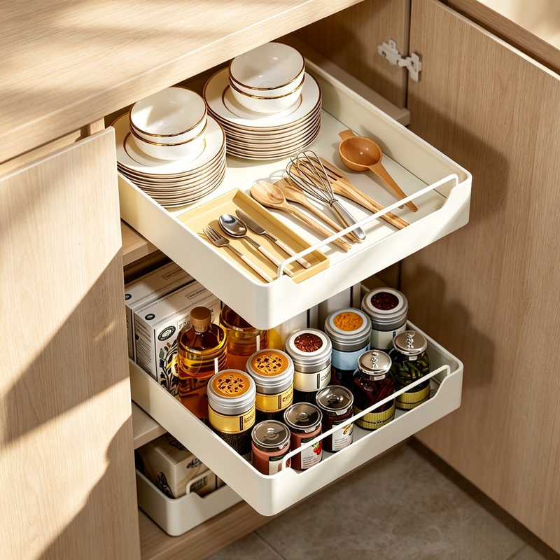 Drawer Slide Pair - ถาดใส่เครื่องเทศโลหะแบบดึงออกได้พร้อมรางเลื่อนสำหรับจัดระเบียบลิ้นชักเครื่องปรุงในตู้ครัว