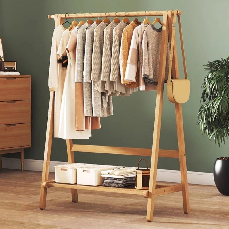 Furniture Hook Hardware - ไม้แขวนเสื้อไม้ไผ่แบบสองชั้น, ราวแขวนเสื้อพับได้, ไม้แขวนเสื้อในห้องนอน, ราวโชว์เสื้อผ้า, ราวเก็บเสื้อผ้า