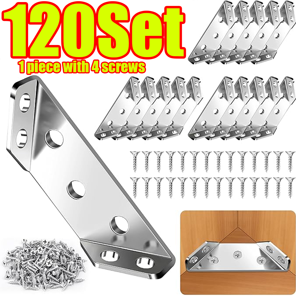 Furniture Hardware Screws - ชุดเชื่อมต่อมุมเฟอร์นิเจอร์ 1-120 ชิ้น ข้อต่อมุมสแตนเลสสำหรับตู้ ชุดอุปกรณ์ยึดมุมชั้นวางของ พร้อมสกรู